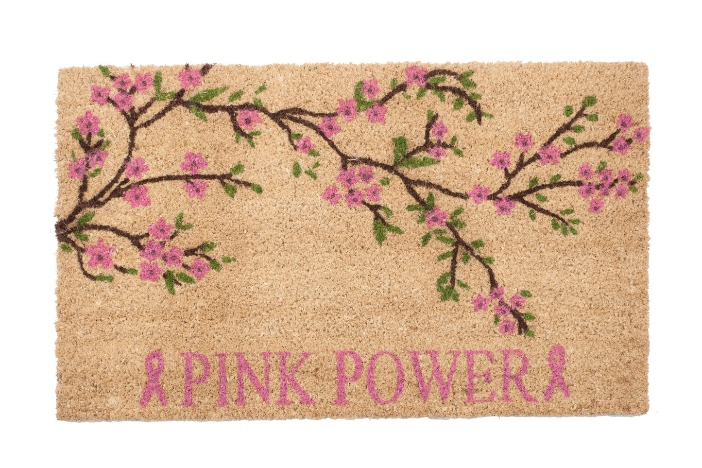 Doormat with cherry blossom design and 'Pink Power' text on a white background