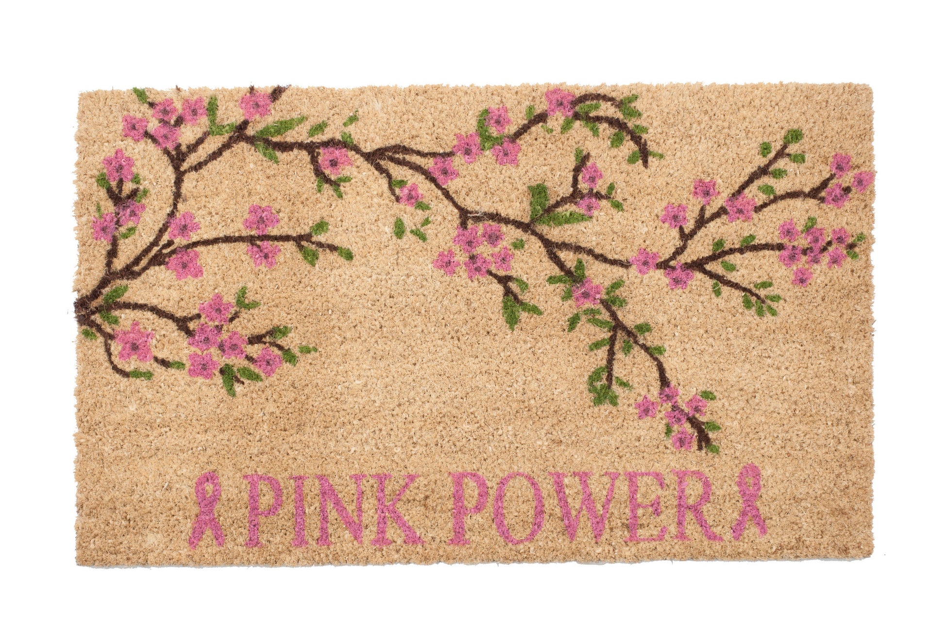 Doormat with cherry blossom design and 'Pink Power' text on a white background
