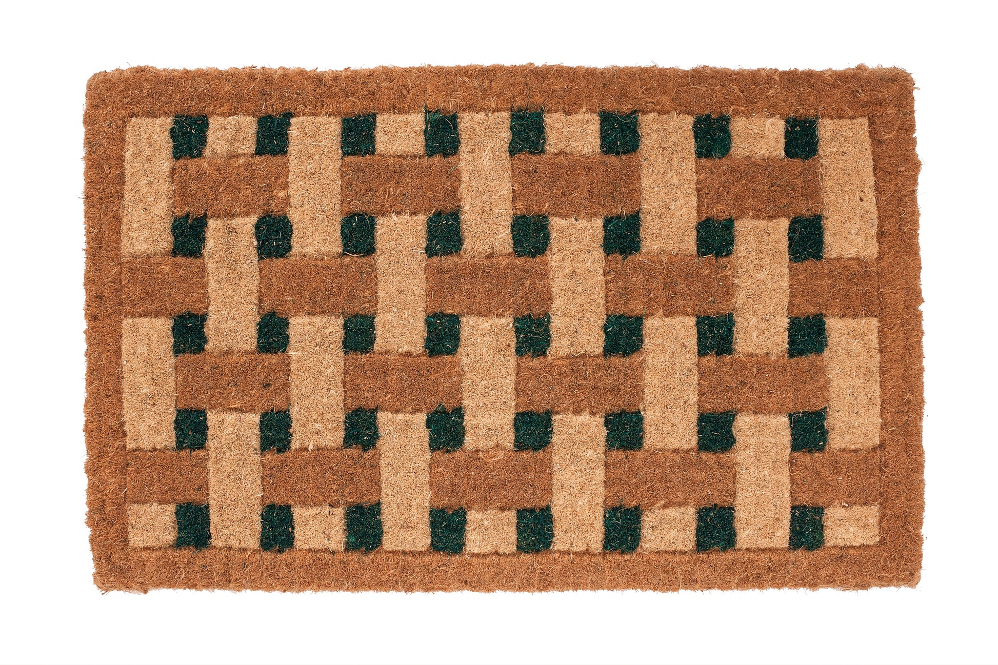 Brown doormat with a woven pattern on a white background