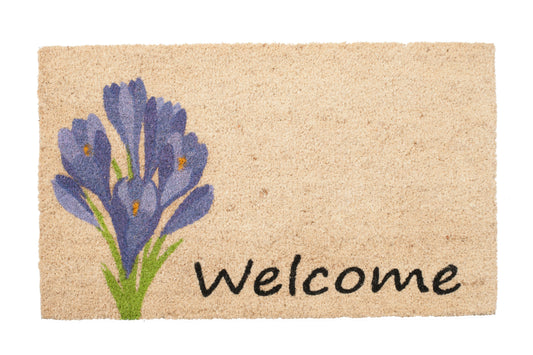 Doormat with purple flowers and the word 'Welcome' on a beige background