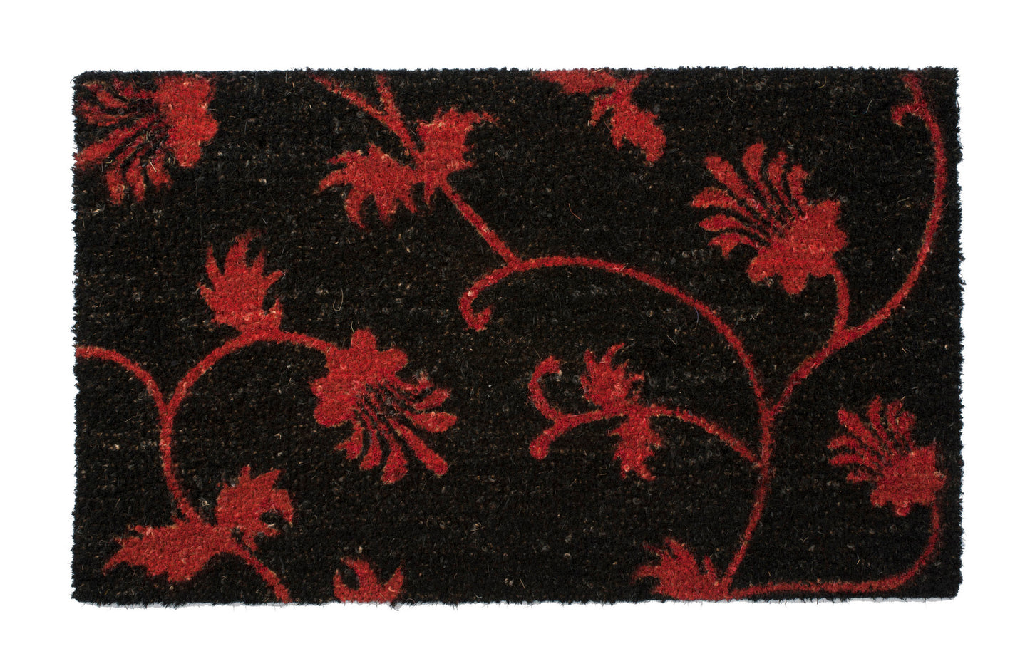 Black doormat with red floral patterns on a white background