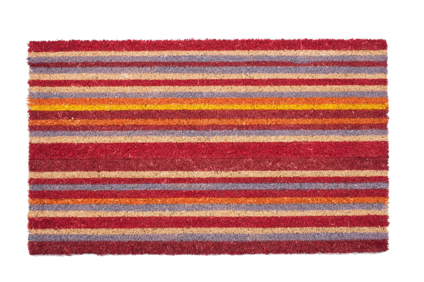 Horizontal Striped doormat with red, orange, blue, and beige colors on a white background