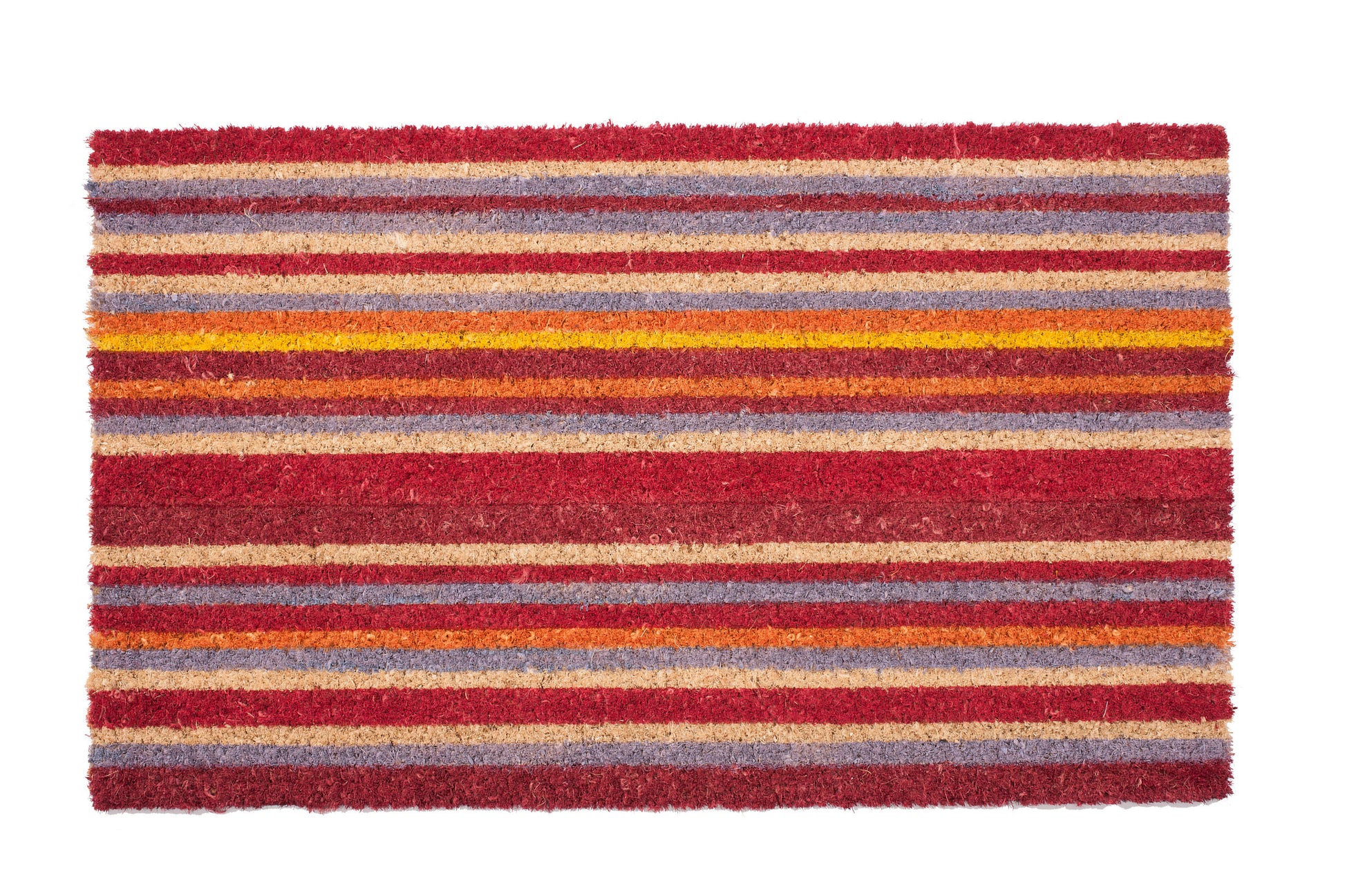 Horizontal Striped doormat with red, orange, blue, and beige colors on a white background