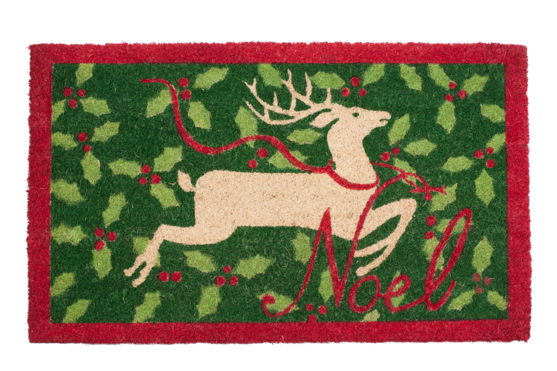 Decorative doormat with a reindeer and 'Noel' text on a red and green background