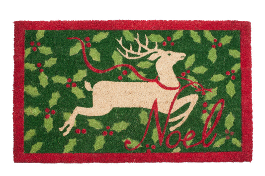 Decorative doormat with a reindeer and 'Noel' text on a red and green background