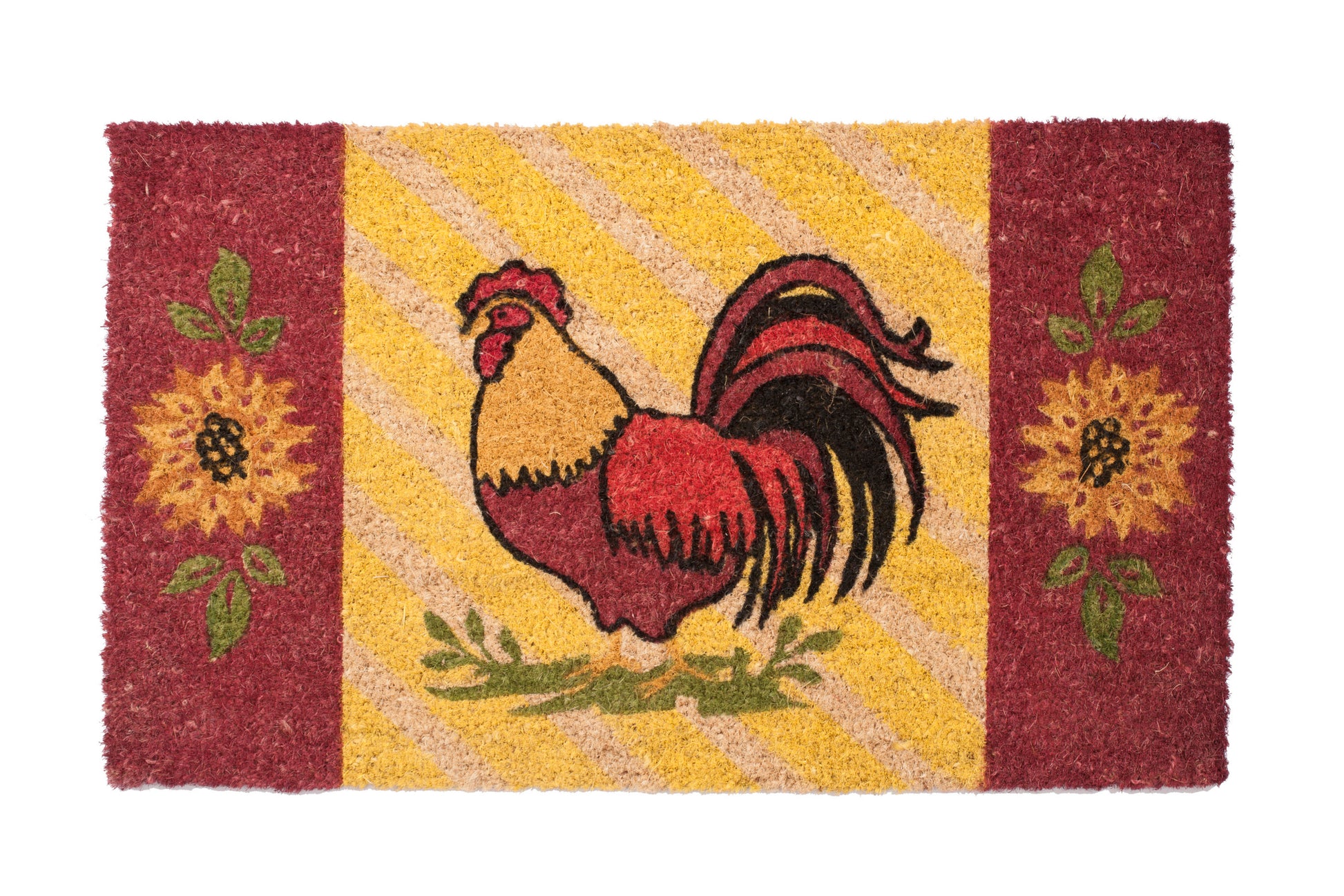 Doormat with a rooster design on a yellow background