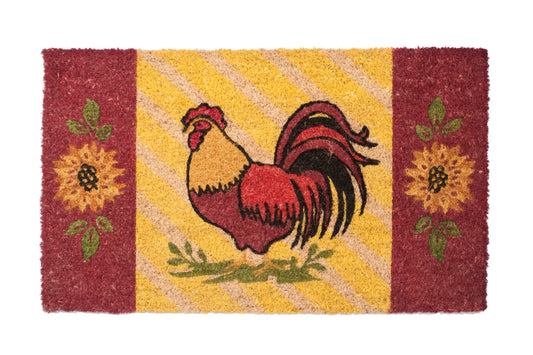 Doormat with a rooster design on a yellow background