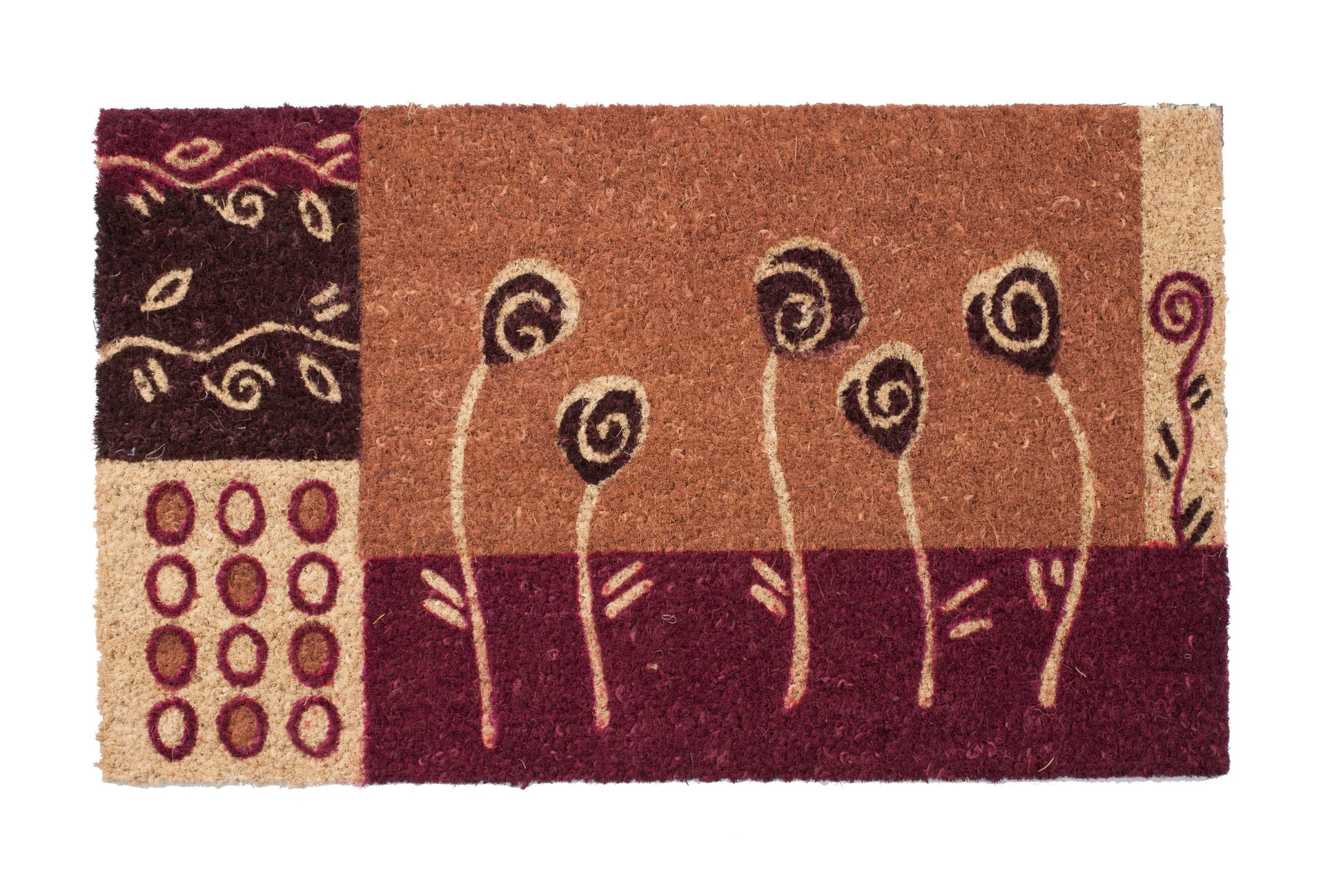 Decorative brown doormat with abstract floral design on a white background