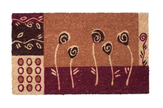 Decorative brown doormat with abstract floral design on a white background