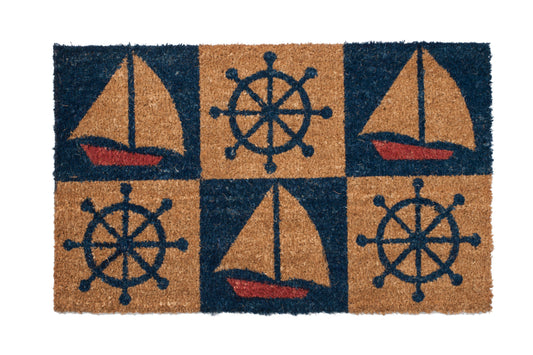 Doormat with nautical design featuring ships and ship steering wheels on a brown background