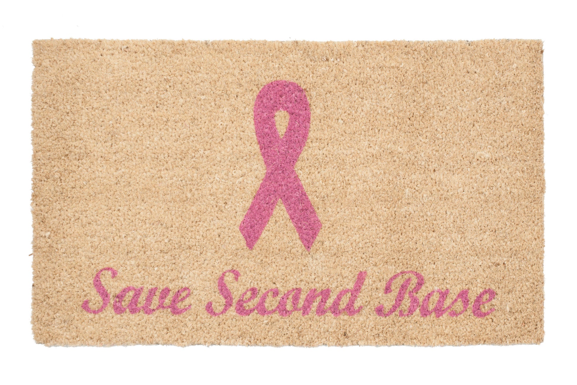 Doormat with pink breast cancer awareness ribbon and text 'Save Second Base' on a beige background