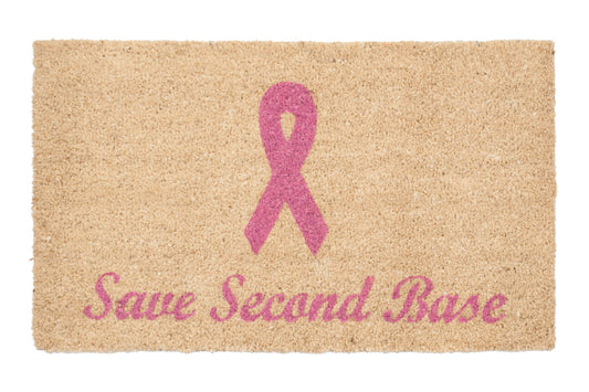 Doormat with pink breast cancer awareness ribbon and text 'Save Second Base' on a beige background