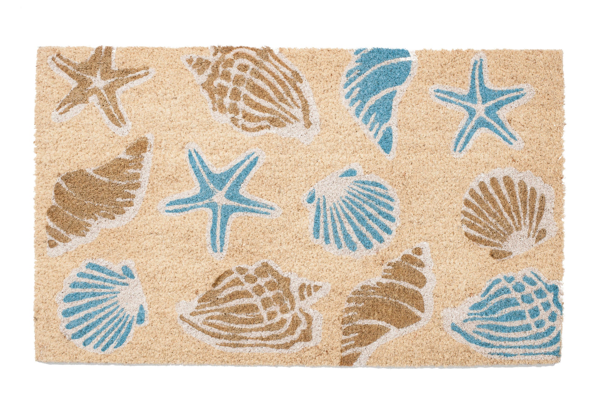 Beige doormat with blue and brown starfish and shell patterns on a white background