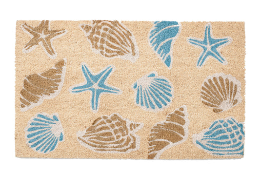 Beige doormat with blue and brown starfish and shell patterns on a white background