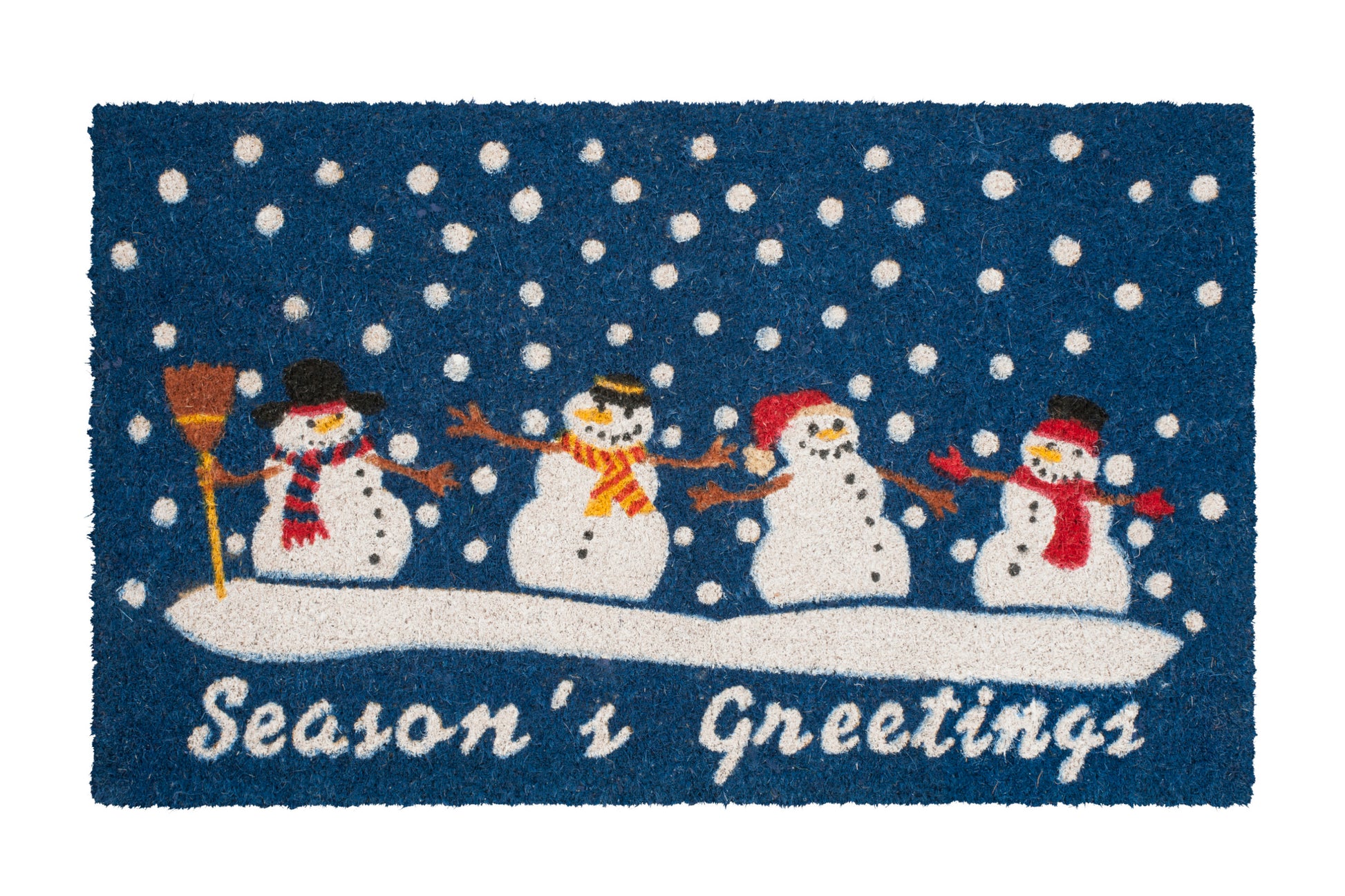 Doormat with snowmen and 'Season's Greetings' text on a blue background while snowing