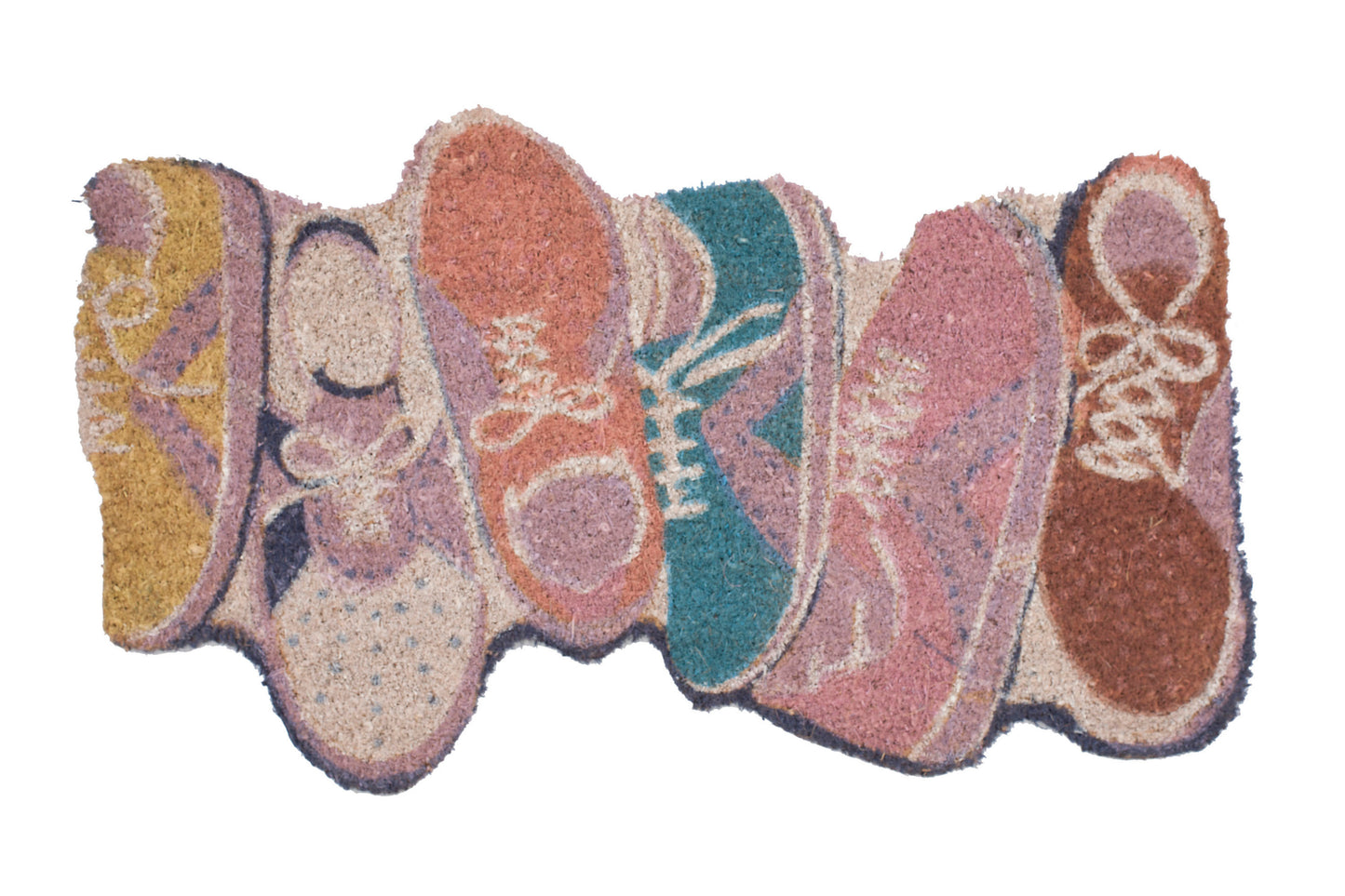 Colorful doormat with shoe design on a white background
