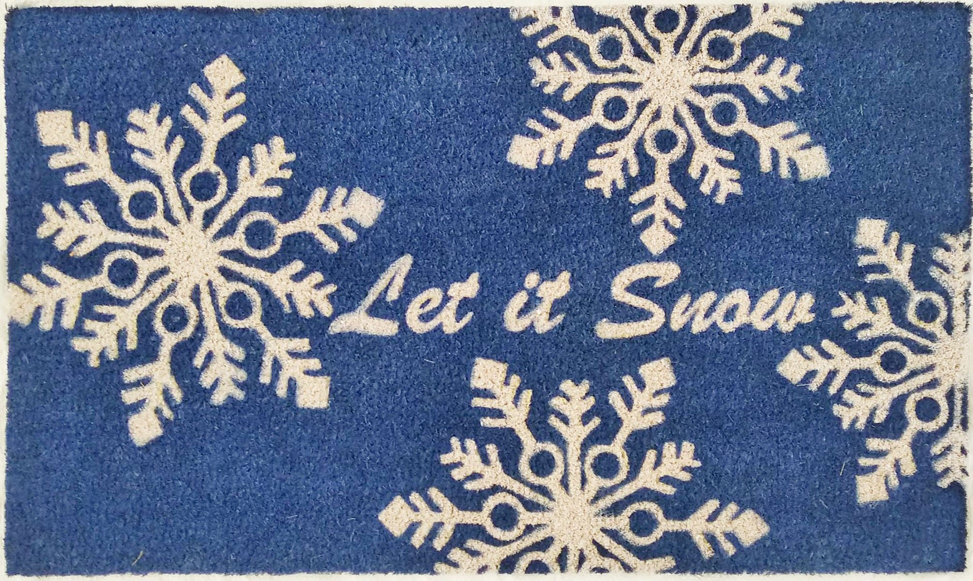 Doormat with snowflakes and 'Let it Snow' text on a blue background