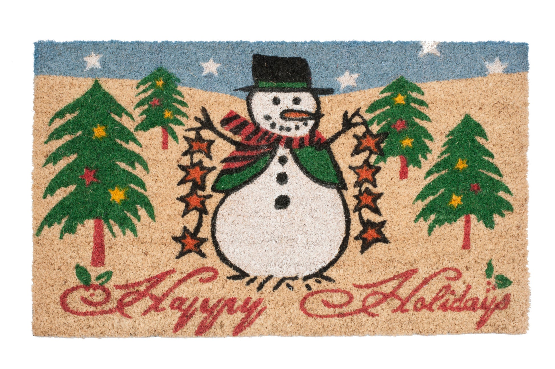 Christmas-themed doormat with a snowman and trees, featuring the text 'Happy Holidays'.