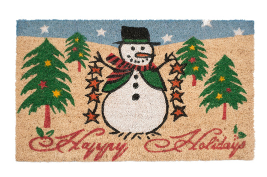 Christmas-themed doormat with a snowman and trees, featuring the text 'Happy Holidays'.