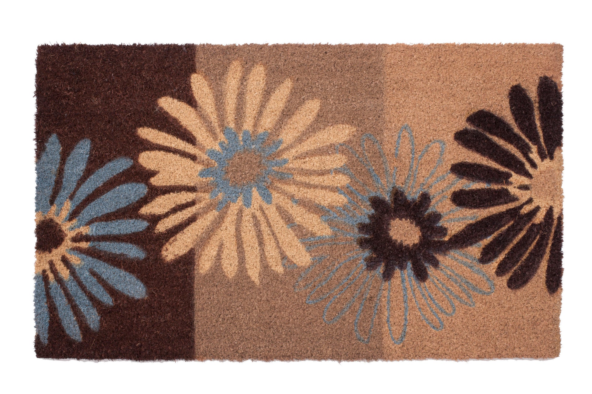 Floral patterned doormat with brown, beige, and blue flowers on a white background