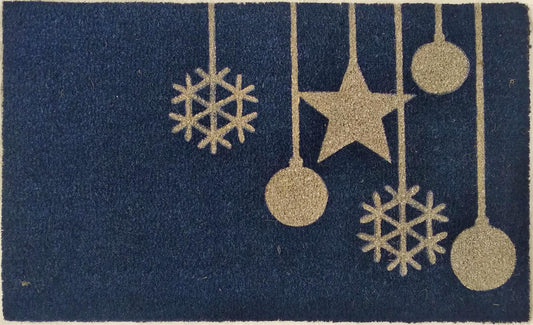 Decorative doormat with gold Christmas ornaments on a blue background