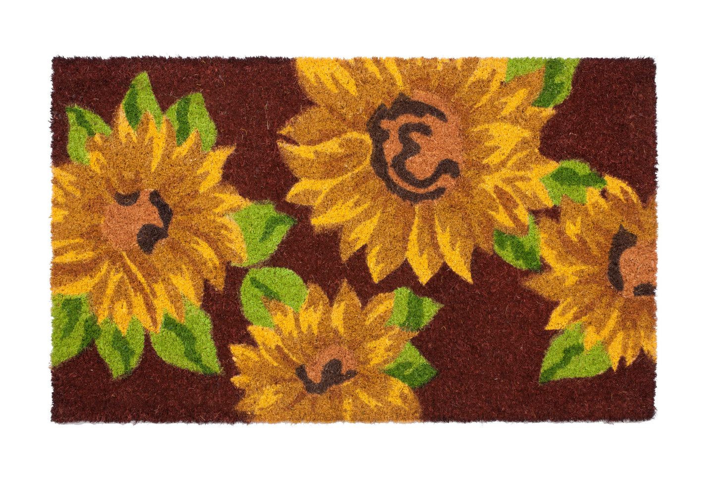 Doormat with sunflower design on a brown background