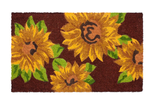 Doormat with sunflower design on a brown background