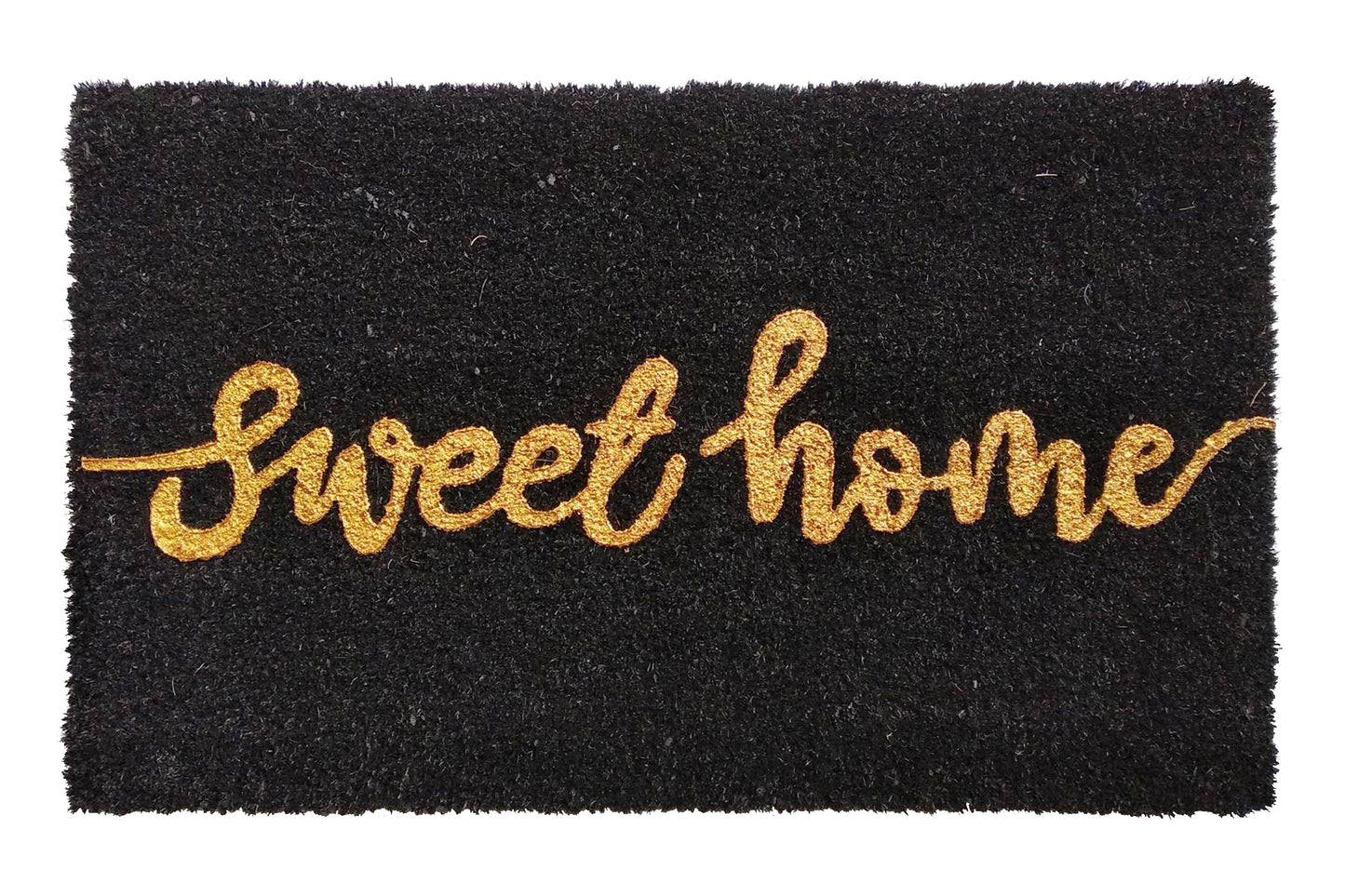 Black doormat with 'sweet home' text in gold on a white background