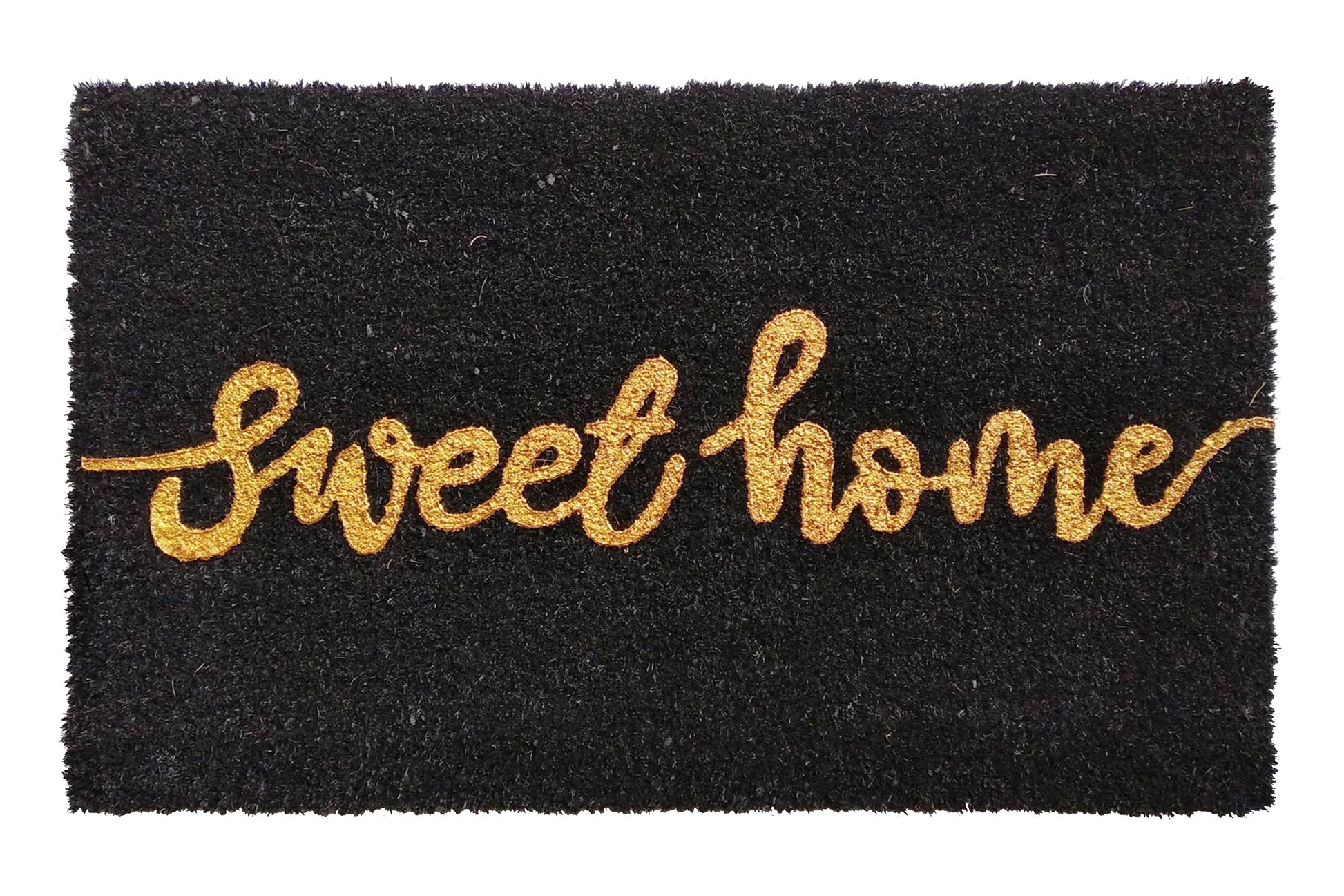 Black doormat with 'sweet home' text in gold on a white background