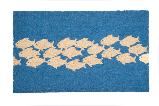 blue door mat with swimming fish design
