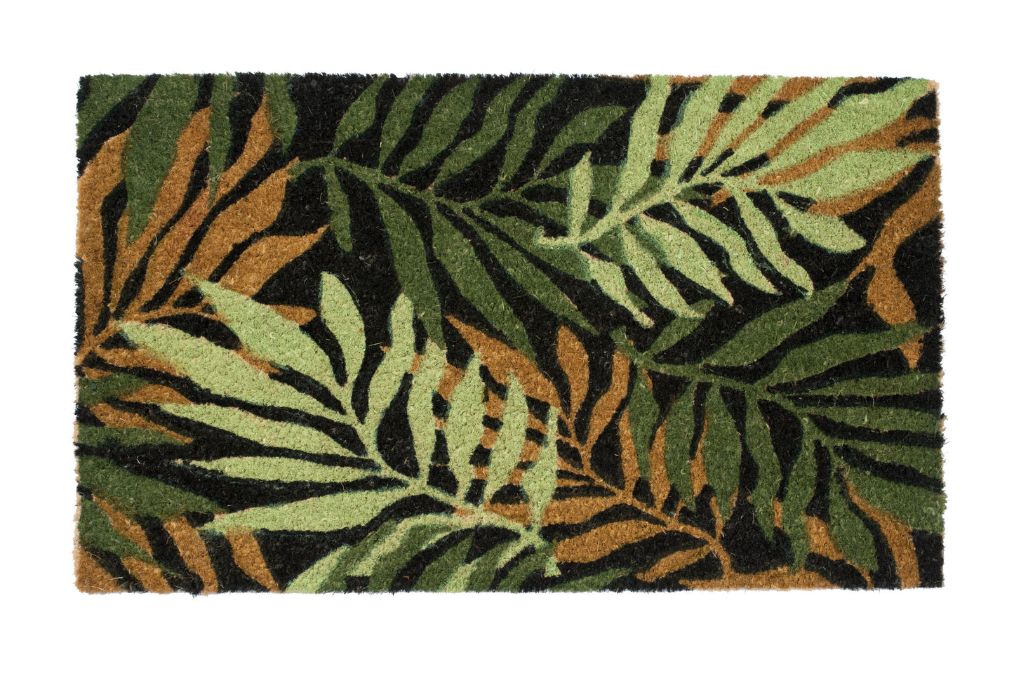 green door mat with tropical leaf pattern