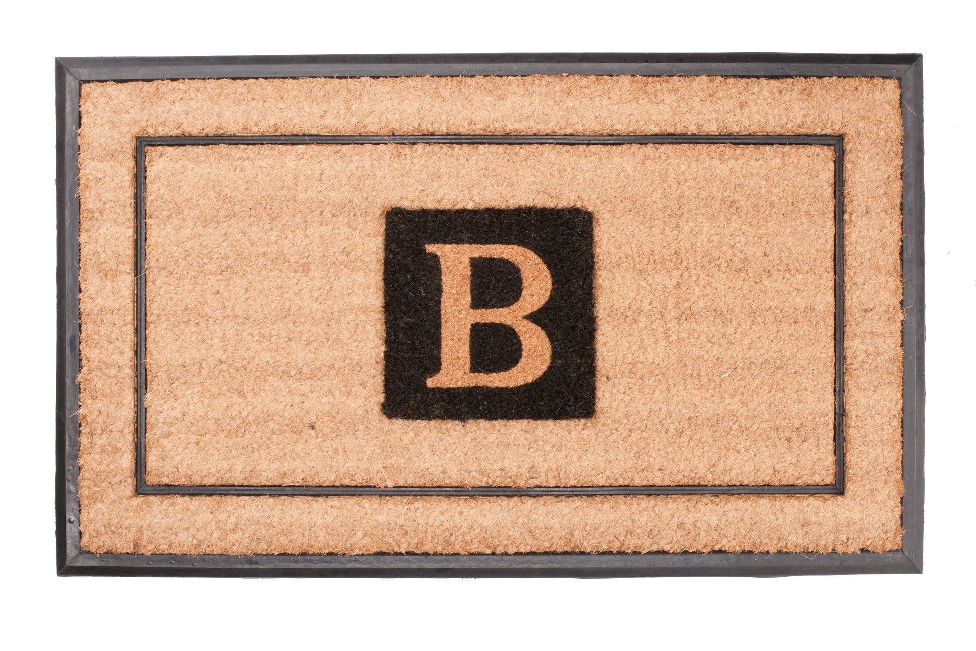 Doormat with a black border and letter 'B' in the center on a white background