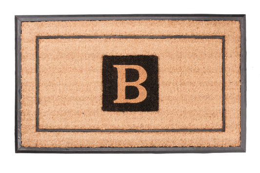 Doormat with a black border and letter 'B' in the center on a white background