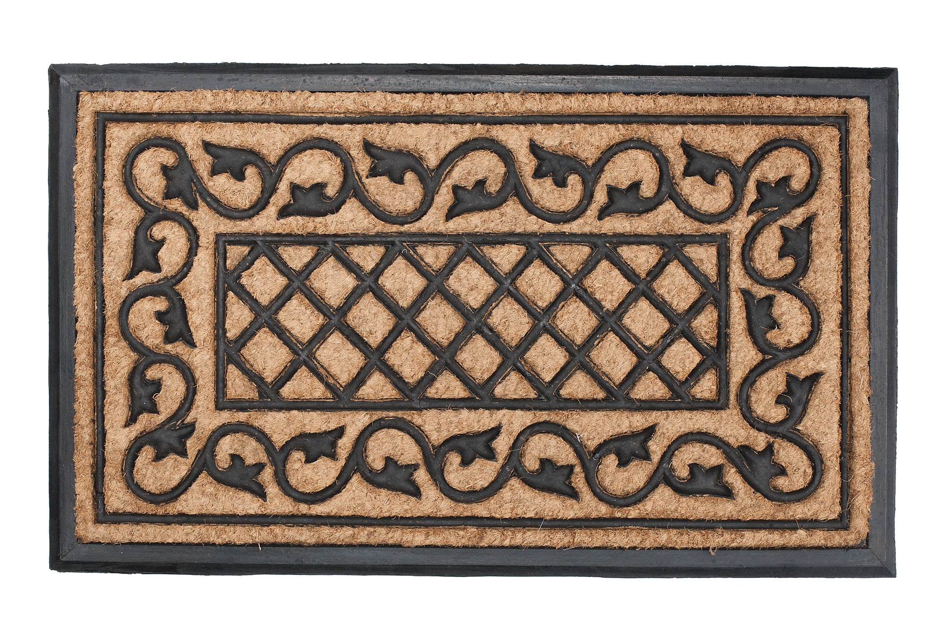 Decorative doormat with black lattice design on a beige background