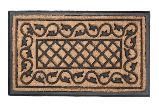 Decorative doormat with black lattice design on a beige background