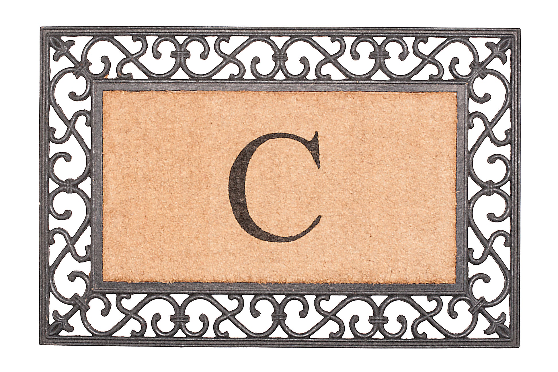 Doormat with decorative rubber frame and letter 'C'