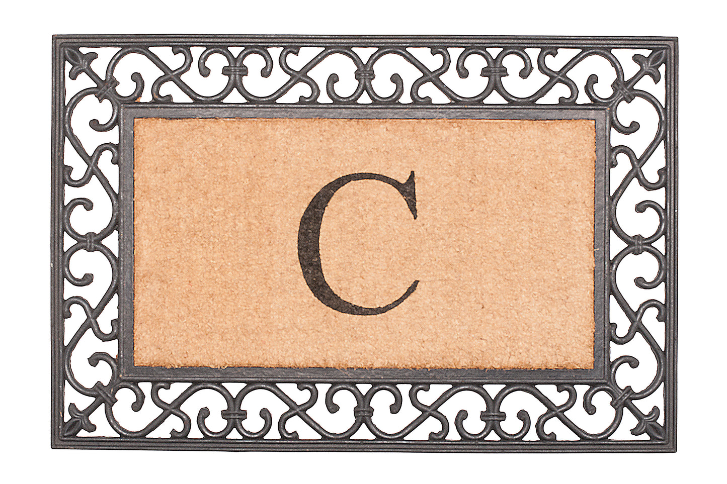 Doormat with decorative rubber frame and letter 'C'