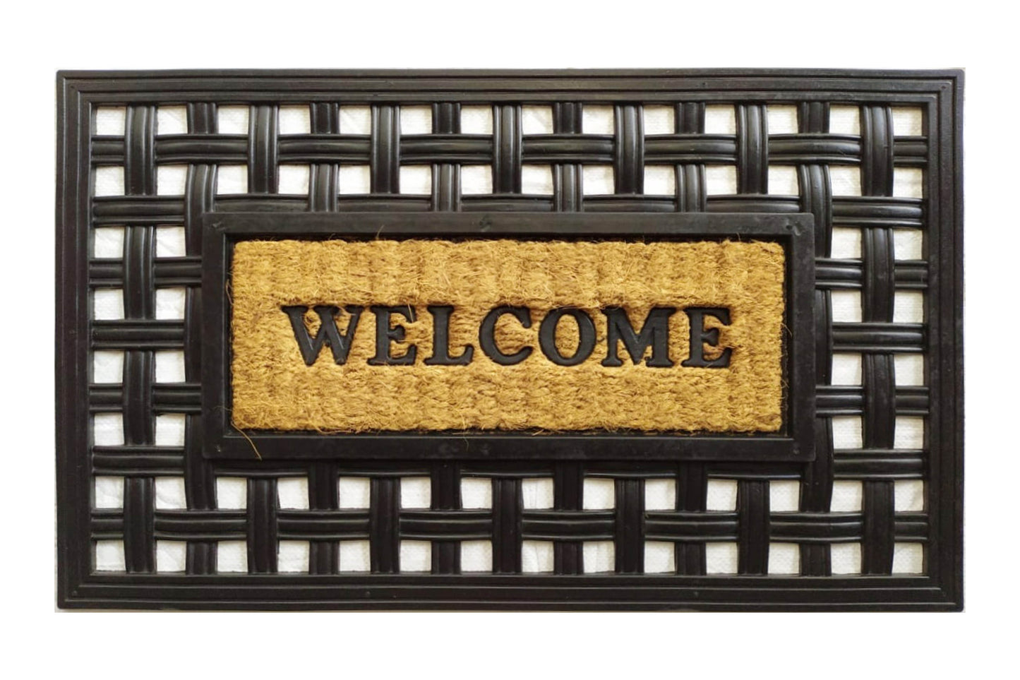 Doormat with a black woven border and 'WELCOME' text on a white background