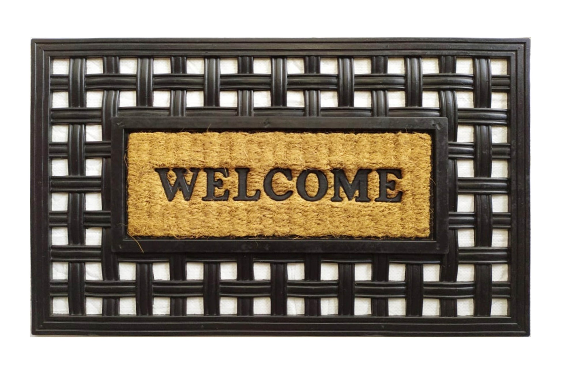 Doormat with a black woven border and 'WELCOME' text on a white background