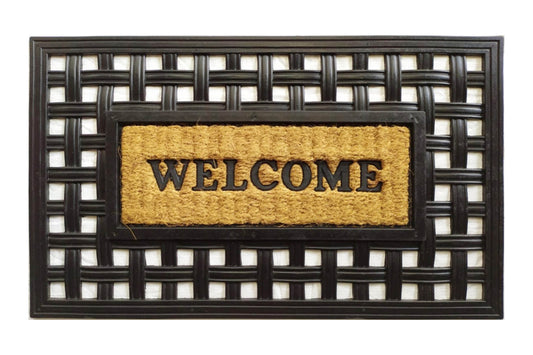 Doormat with a black woven border and 'WELCOME' text on a white background