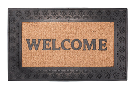 brown coir door mat with black rubber border and daisy pattern