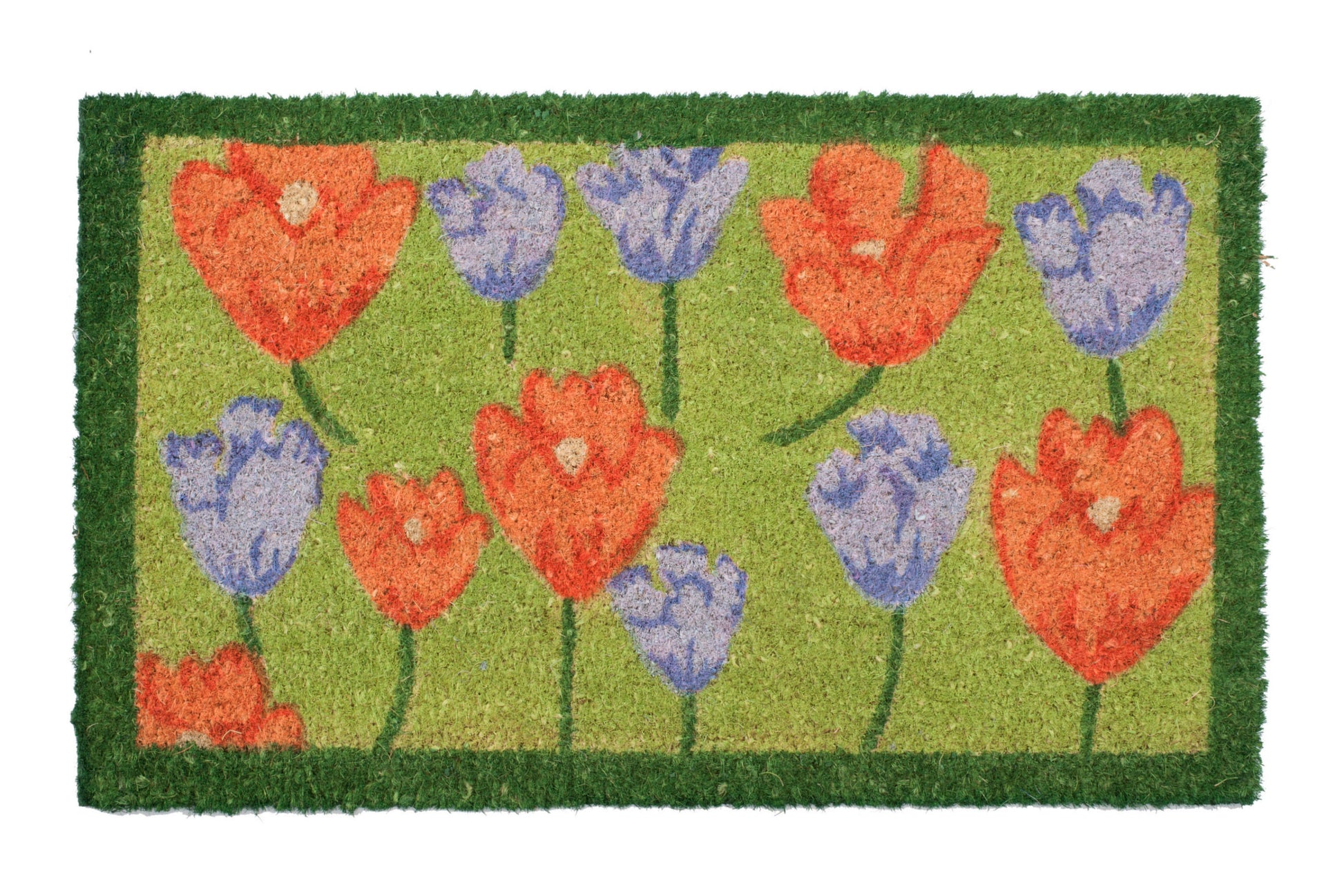 Floral doormat with red and blue flowers on a green background