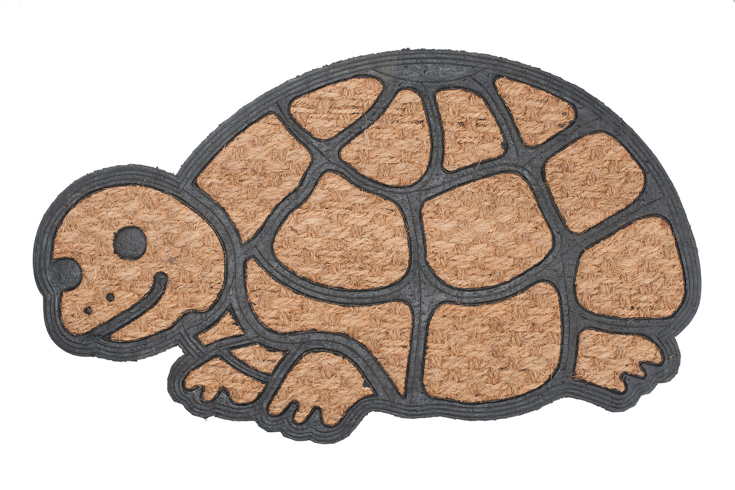 Turtle-shaped doormat with brown shell and black outline on a white background