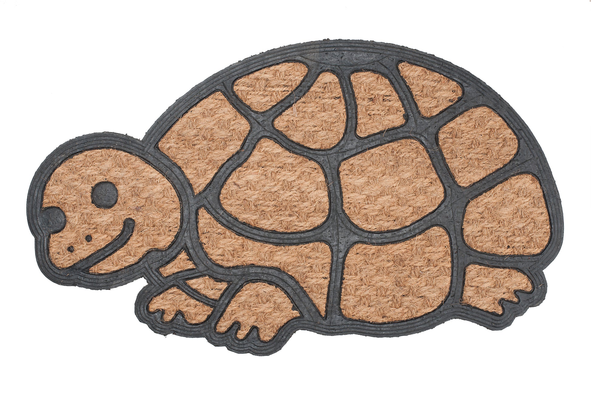 Turtle-shaped doormat with brown shell and black outline on a white background