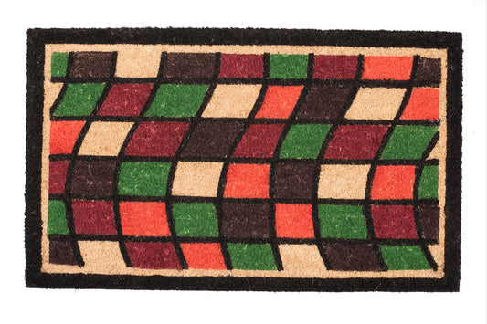 multicolor door mat with wavy checkerboard pattern