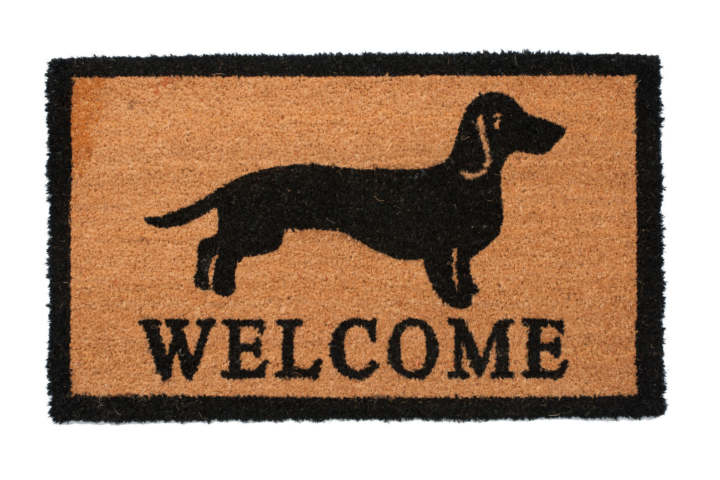 Doormat with a dachshund silhouette and 'Welcome' text on a beige background