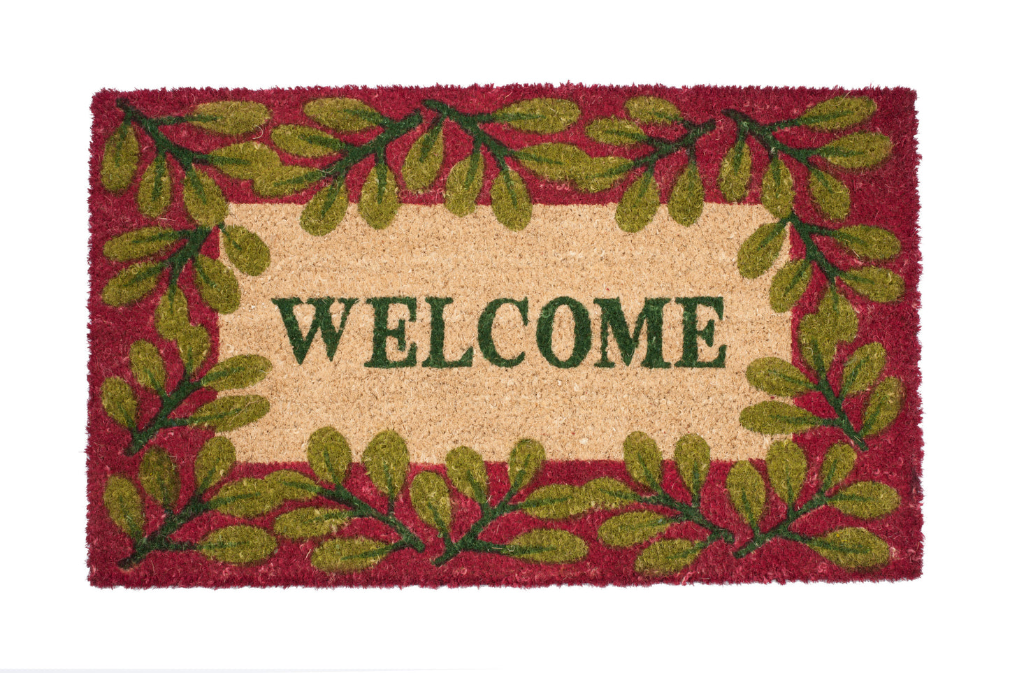 Doormat with 'WELCOME' text and leaf design on a red background