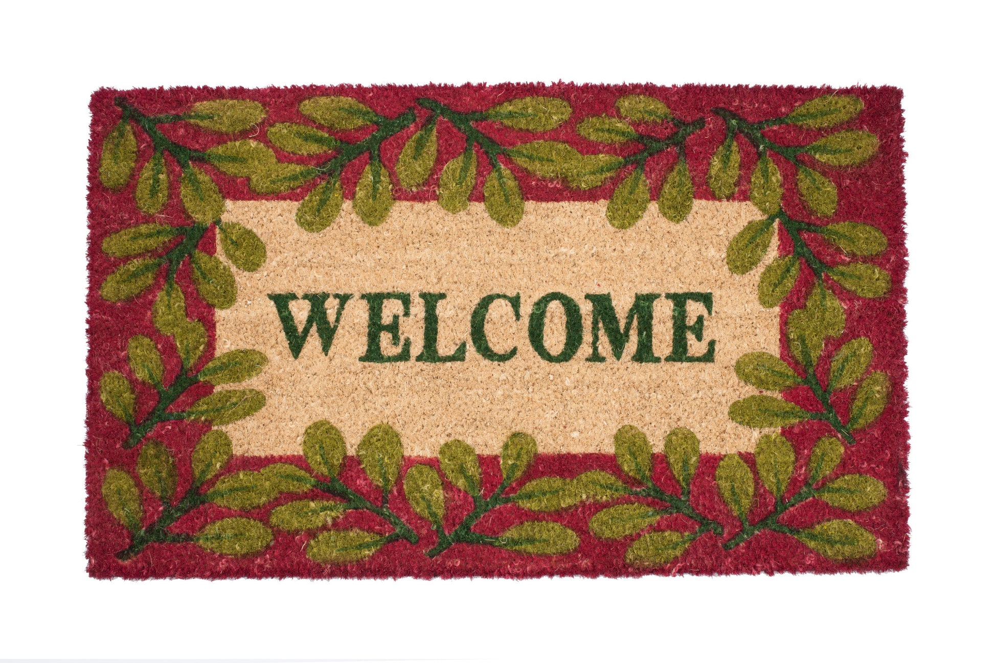 Doormat with 'WELCOME' text and leaf design on a red background