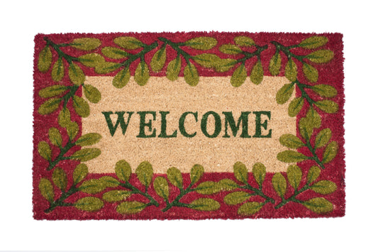 Doormat with 'WELCOME' text and leaf design on a red background