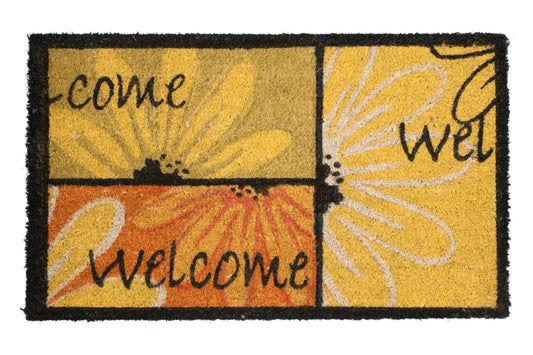 Doormat with floral design and 'Welcome' text on a white background